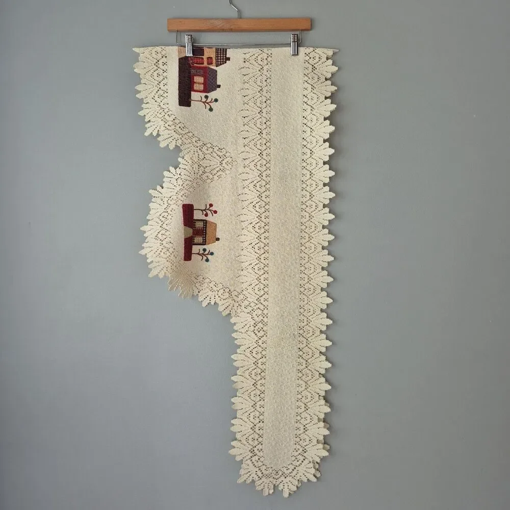 VTG Cream Cottage Core Little House Embroidered Long Buffet Runner 87 x 20 IN